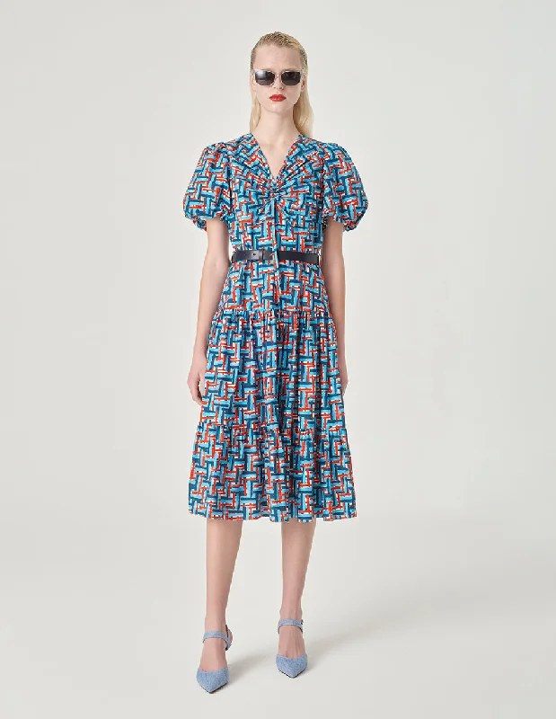 MARYLING Plaid V-Neck Puff Short Sleeve A-Hem Dress