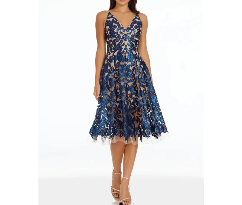 DRESS THE POPULATION Blair Midi Cocktail Dress Navy/Nude Size Large NWT