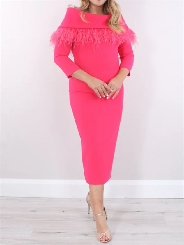 Sheath/Column Tea-Length 3/4 Length Sleeves Mother of the Bride Dresses with Feather Sheath/Column Tea-Length 3/4 Length Sleeves Mother of the Bride Dresses with Feather