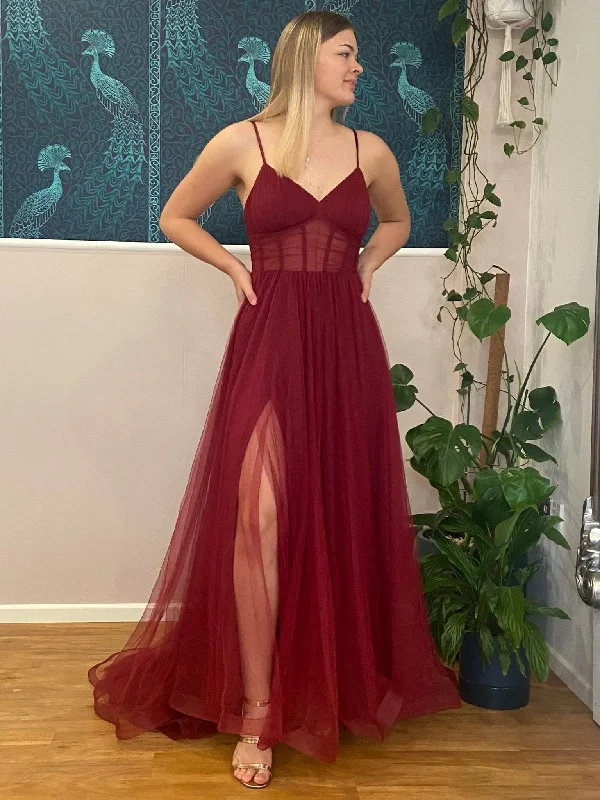 Alicia burgundy corset tulle ball dress with split and train Express NZ wide