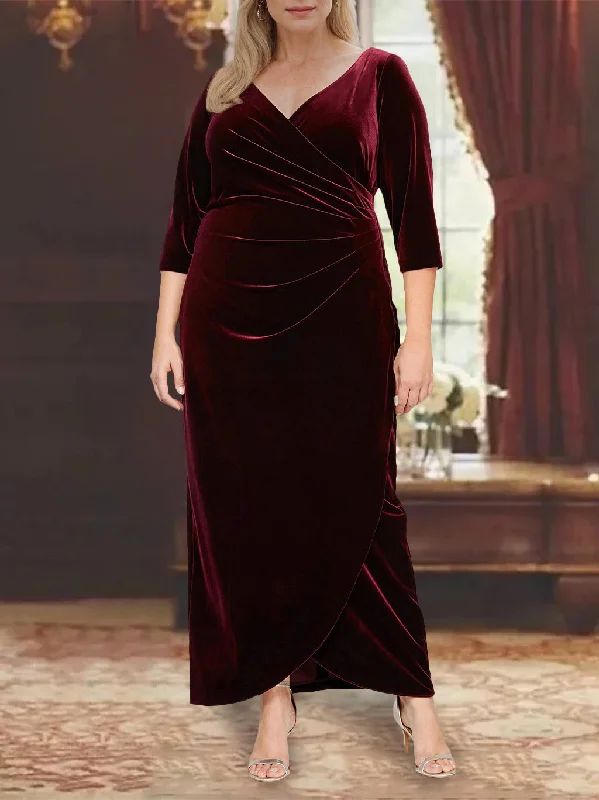 A Line/Princess V-Neck 3/4 Length Sleeves Asymmetrical Plus Size Mother of the Bride Dresses with Ruffles A Line/Princess V-Neck 3/4 Length Sleeves Asymmetrical Plus Size Mother of the Bride Dresses with Ruffles