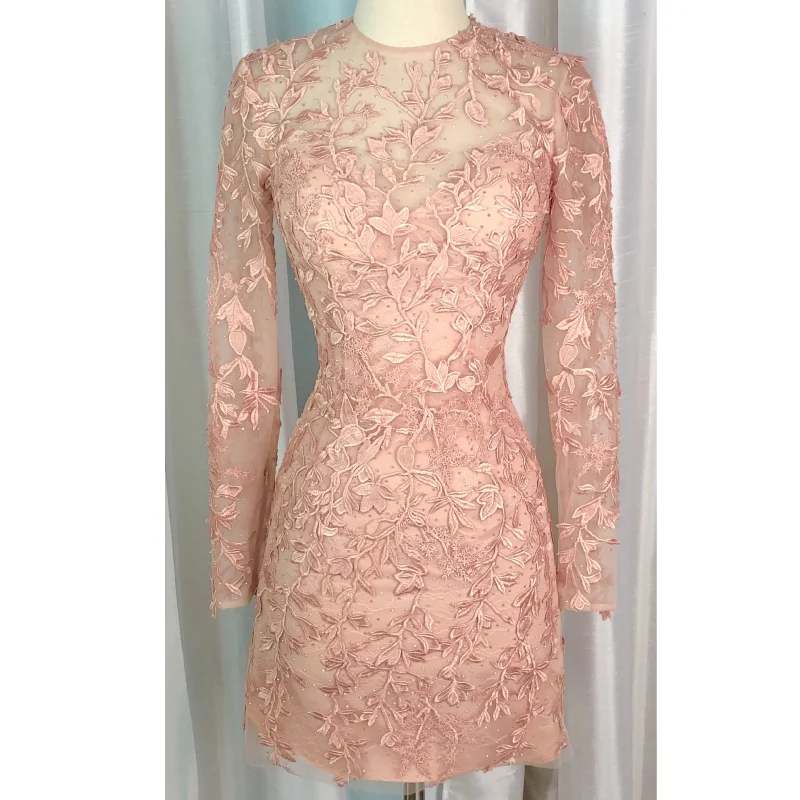 SHERRI HILL 52340 Blush Long Sleeve Fitted Lace Cocktail with Open Back Dress Size 2