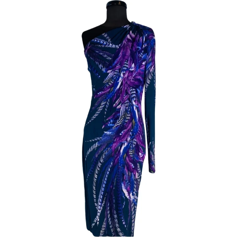 JUST CAVALLI One Shoulder Midi Navy/Purple  Multi Feather Cocktail Dress Size 44/10-12