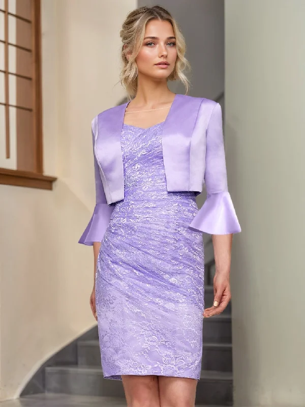 Sheath/Column Jewel Neck Knee-Length Half Sleeve Mother of the Bride Dresses with Embroidery & Appliques Sheath/Column Jewel Neck Knee-Length Half Sleeve Mother of the Bride Dresses with Embroidery & Appliques