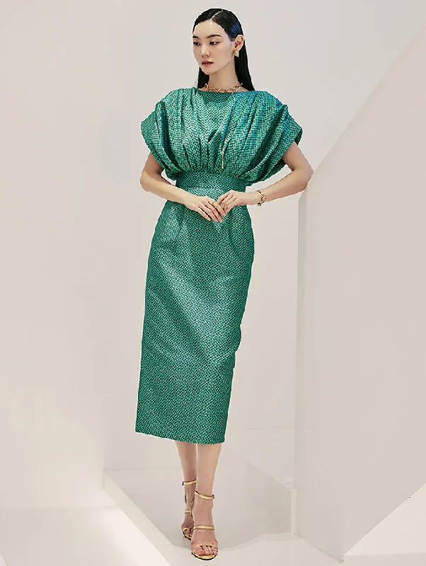 D9405 Jacquard pin tuck Shirring Dress