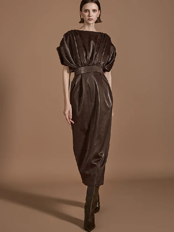 D9509 Leather Pin tuck Shirring Dress