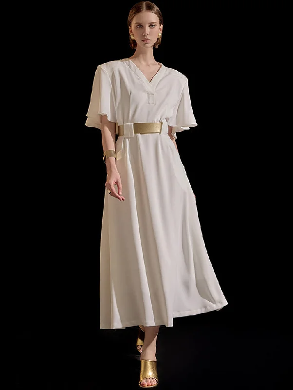 D9376 V-neck Frill Pad Long Dress(Belt set)