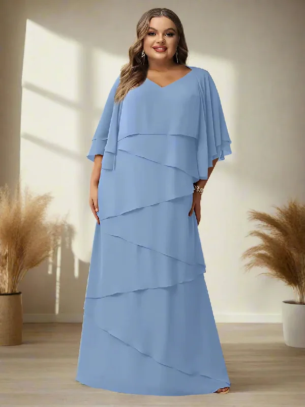 A-Line/Princess V-Neck Half Sleeves Floor-Length Plus Size Mother of the Bride Dresses with Ruffles A-Line/Princess V-Neck Half Sleeves Floor-Length Plus Size Mother of the Bride Dresses with Ruffles