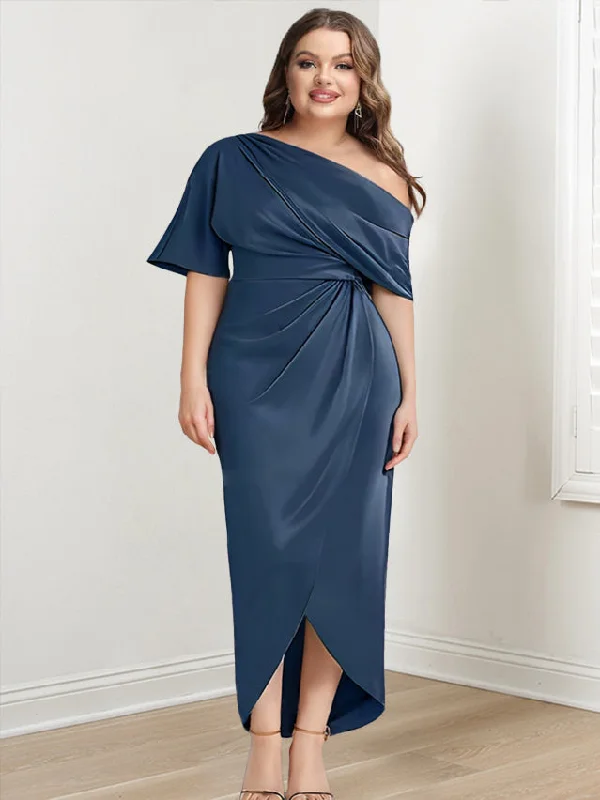 Sheath/Column One-Shoulder Short Sleeves Asymmetrical Plus Size Mother of the Bride Dresses with Ruffles Sheath/Column One-Shoulder Short Sleeves Asymmetrical Plus Size Mother of the Bride Dresses with Ruffles