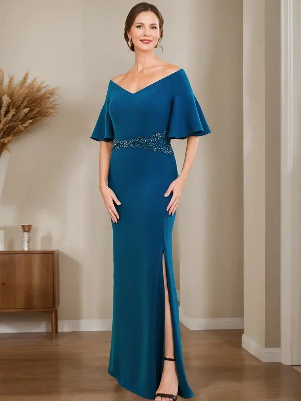 Sheath/Column Off-the-Shoulder Mother Of The Bride & Groom Dresses with Appliques & Split Side Sheath/Column Off-the-Shoulder Mother Of The Bride & Groom Dresses with Appliques & Split Side