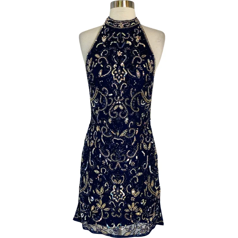 SHERRI HILL Style 53230 Short Beaded Cocktail Dress Navy Multi Size 6