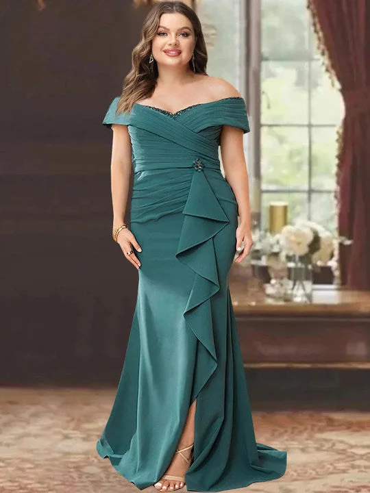Sheath/Column Off-the-Shoulder Sleeveless Floor-Length Plus Size Mother of the Bride Dresses With Ruffles Sheath/Column Off-the-Shoulder Sleeveless Floor-Length Plus Size Mother of the Bride Dresses With Ruffles