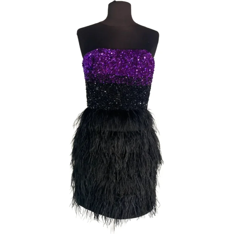 BADGLEY MISCHKA Short Sequin and Feather Cocktail Dress Purple/Black Size 2
