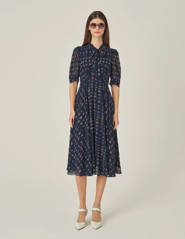 MARYLING V-Neck Ribbon Tree-Printed Blue Dress