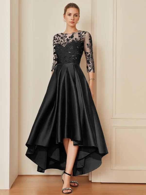 A-Line/Princess Scoop Neck 3/4 Sleeves Asymmetrical Mother of the Bride Dresses with Appliques A-Line/Princess Scoop Neck 3/4 Sleeves Asymmetrical Mother of the Bride Dresses with Appliques