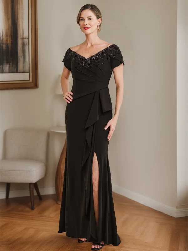 Sheath/Column V-Neck Mother Of The Bride Dresses with Beading & Split Side & Ruffles Sheath/Column V-Neck Mother Of The Bride Dresses with Beading & Split Side & Ruffles