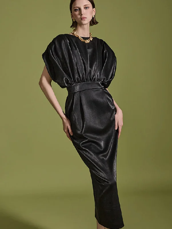 D9509 Leather Pin tuck Shirring Dress