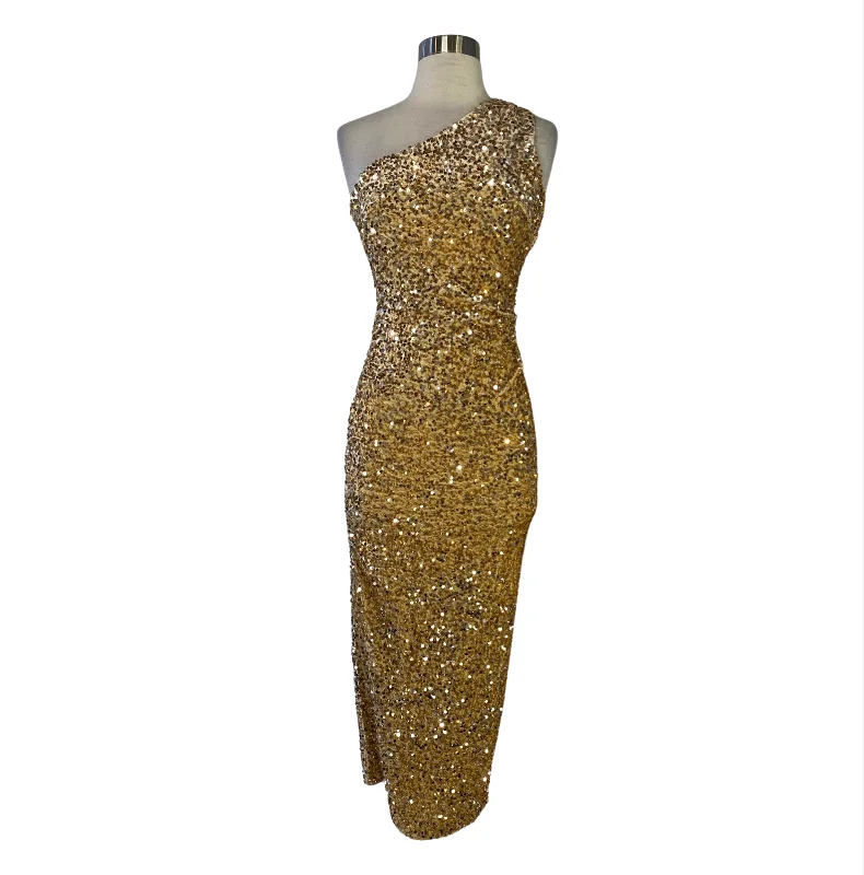 PETAL AND PUP One Shoulder Midi Cocktail Dress Gold Size S NWT