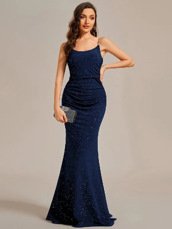 Kela low back rushed ball dress with sparkling straps in navy Express NZ wide