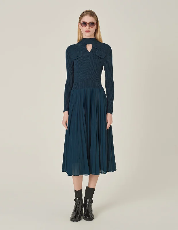 MARYLING High Collar Long Sleeve Knitted Patchwork Pleated Midi Peacock Green Dress