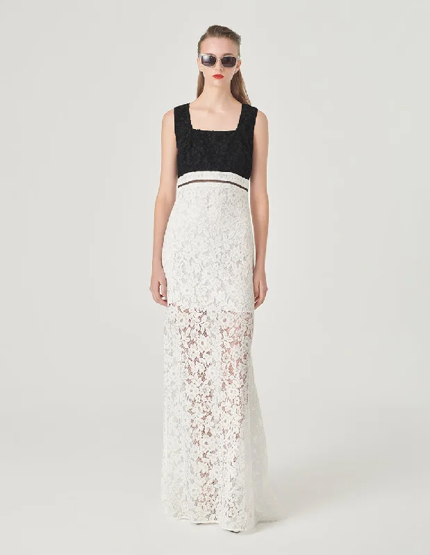 MARYLING Color-Block Square-Neck Lace Long Dress
