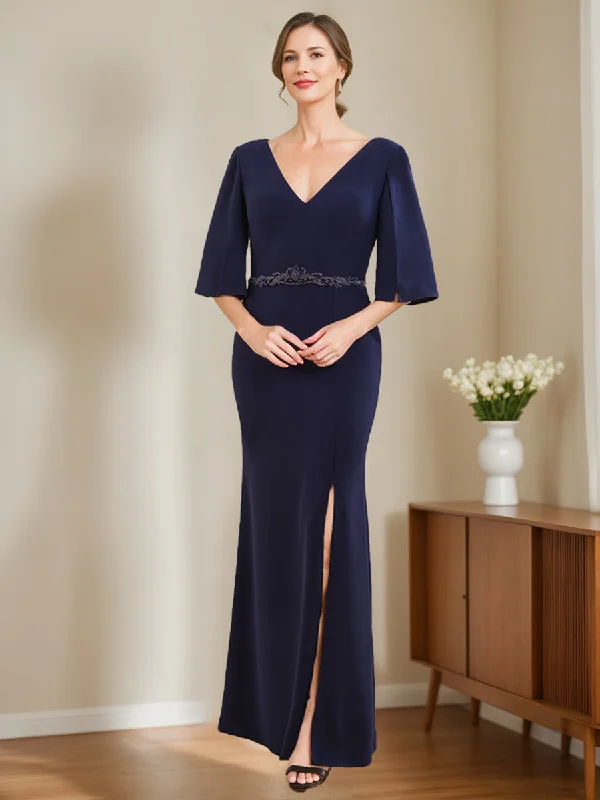 Sheath/Column V-Neck Half Sleeves Mother Of The Bride & Groom Dresses with Appliques & Split Side Sheath/Column V-Neck Half Sleeves Mother Of The Bride & Groom Dresses with Appliques & Split Side