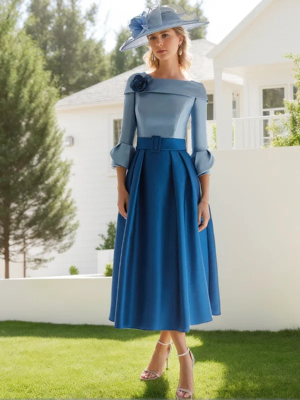 A-Line/Princess Boat Neck 3/4 Sleeves Mother of the Bride & Groom Dresses with Flower & Belt A-Line/Princess Boat Neck 3/4 Sleeves Mother of the Bride & Groom Dresses with Flower & Belt