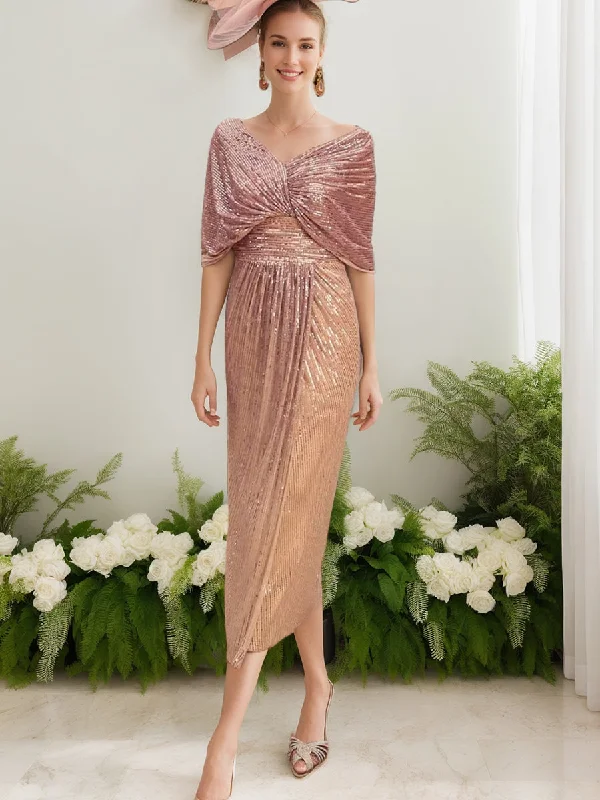 Sheath/Column V-Neck Half Sleeves Ruched Mother Of The Bride & Groom Dresses with Ruffle Sheath/Column V-Neck Half Sleeves Ruched Mother Of The Bride & Groom Dresses with Ruffle