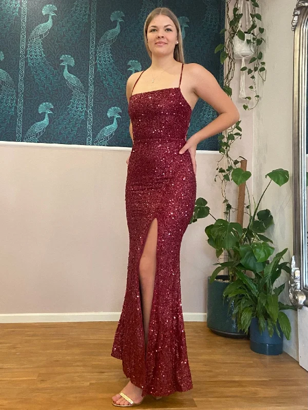 Gwen sequin sparkling lace up dress with split in Burgundy Express NZ wide
