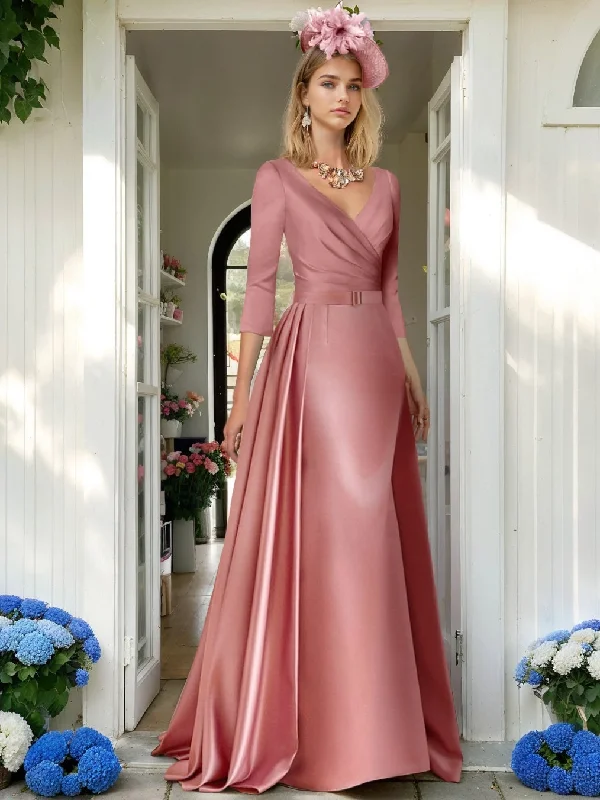 A Line/Princess V-Neck 3/4 LengthSleeves Floor-Length Mother of the Bride Dresses withPleats, Ruching & Ruched A Line/Princess V-Neck 3/4 LengthSleeves Floor-Length Mother of the Bride Dresses withPleats, Ruching & Ruched