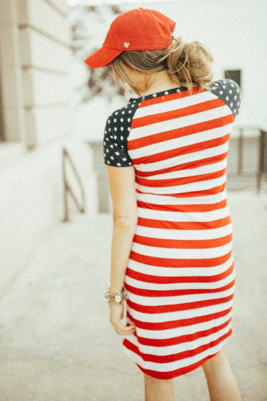 Patriotic Tee Dresses: Red Stripe Body with Star Sleeves