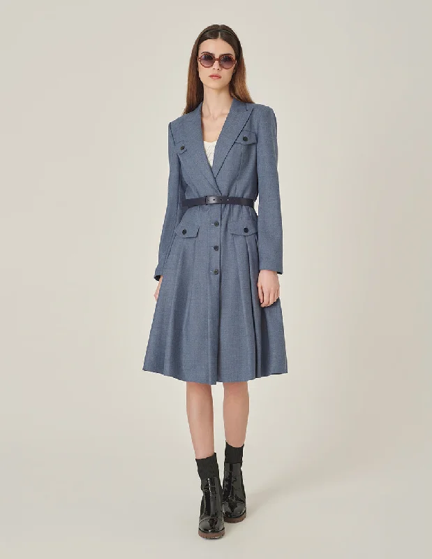 MARYLING Mist Blue Peaked Lapel Patchwork Pleated Long Sleeve Button Dress