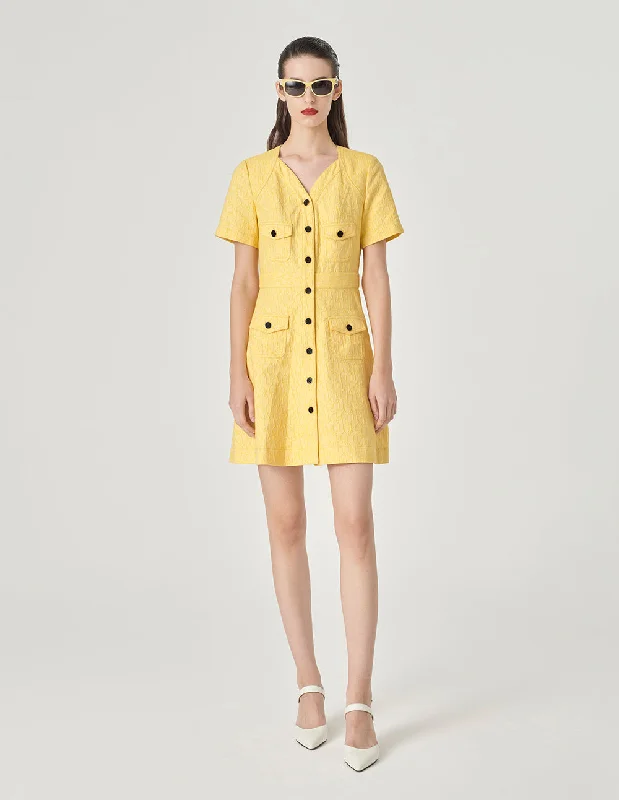 MARYLING V-Neck Short-Sleeve Letter-Logo Jacquard Dress