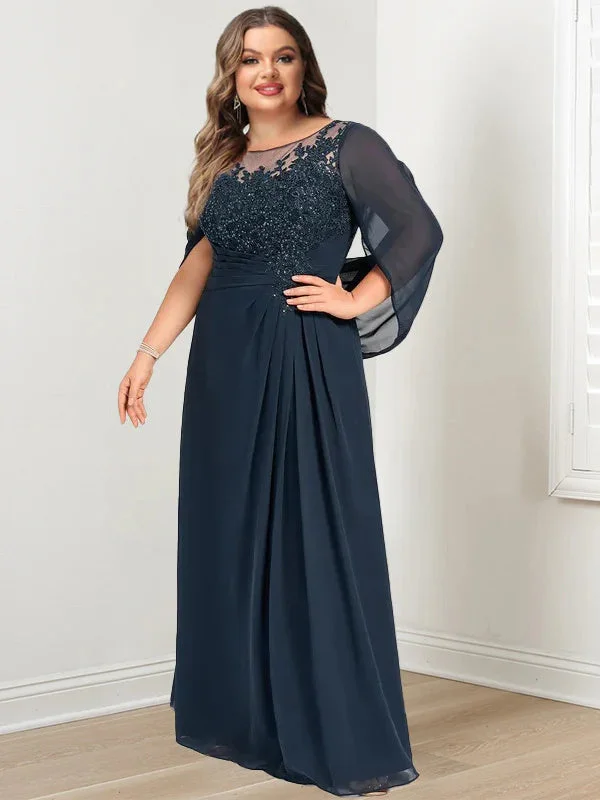 A-Line/Princess Scoop Floor-Length Plus Size Mother of the Bride Dresses with Pleated & Sequins