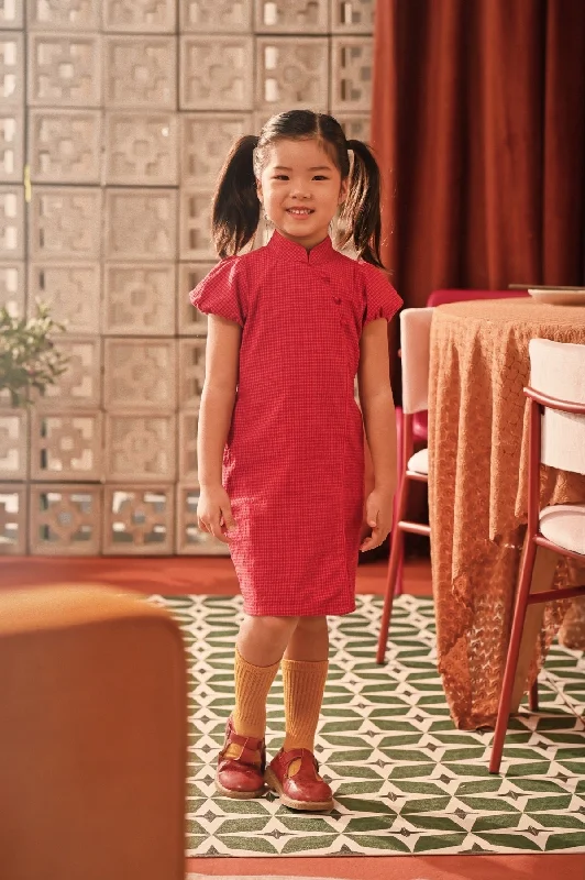 The Spring Dawn Puff Sleeve Cheongsam Dress - Red Checked
