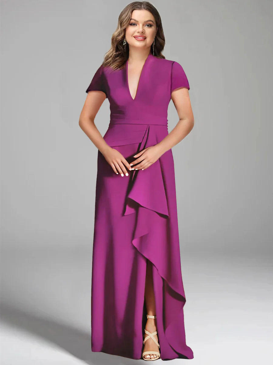 Sheath/Column V-Neck Short Sleeves Floor-Length Plus Size Mother of the Bride Dresses with Split Side Sheath/Column V-Neck Short Sleeves Floor-Length Plus Size Mother of the Bride Dresses with Split Side