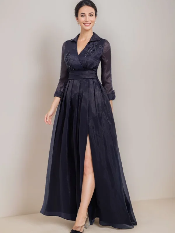 A-Line V-Neck 3/4 Sleeves Floor-Length Mother Of The Bride Dresses with Appliques & Side Slit A-Line V-Neck 3/4 Sleeves Floor-Length Mother Of The Bride Dresses with Appliques & Side Slit
