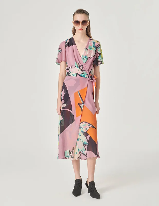 MARYLING V-Neck Printed Short Sleeves Midi Fishtail Dress