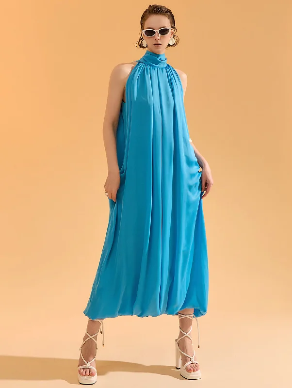 D9443 High-neck Scarf Shirring Long Dress