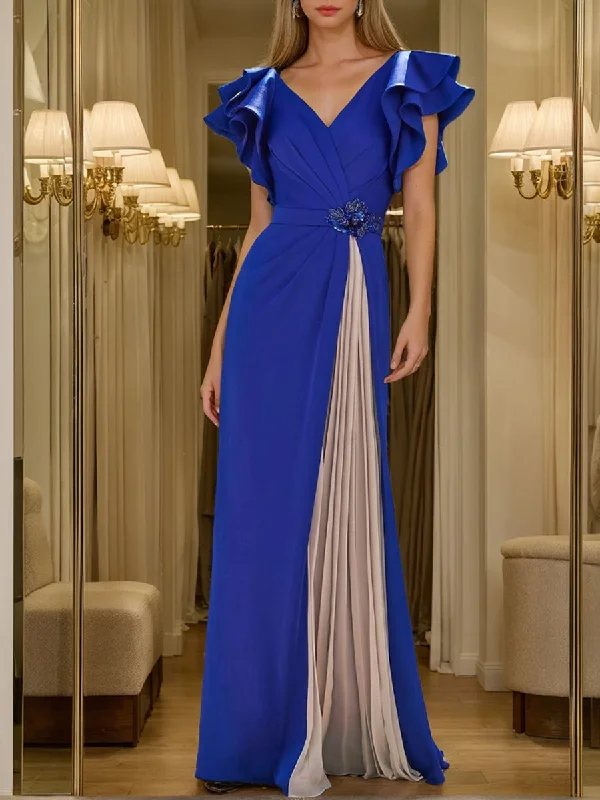 Sheath/Column V-Neck Short Sleeves Pleated Mother of the Bride & Groom Dresses with Crystal & Ruffles Sheath/Column V-Neck Short Sleeves Pleated Mother of the Bride & Groom Dresses with Crystal & Ruffles