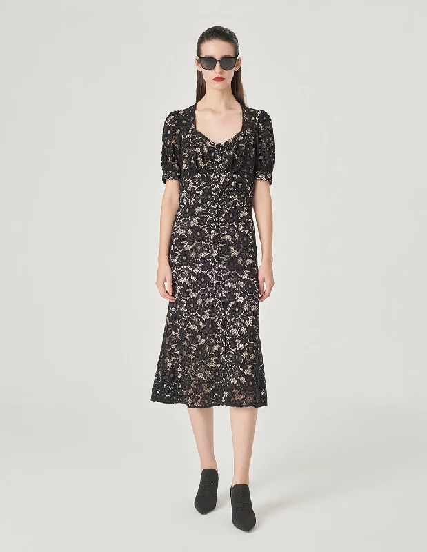 MARYLING Puff Sleeve Fishtail Lace Dress