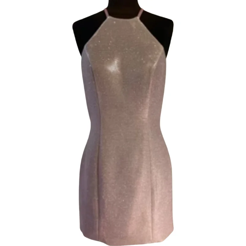 SHERRI HILL 52357 Electric Pink Glitter Halter Neck Stretch Cut Out Back Cocktail Dress Size 6