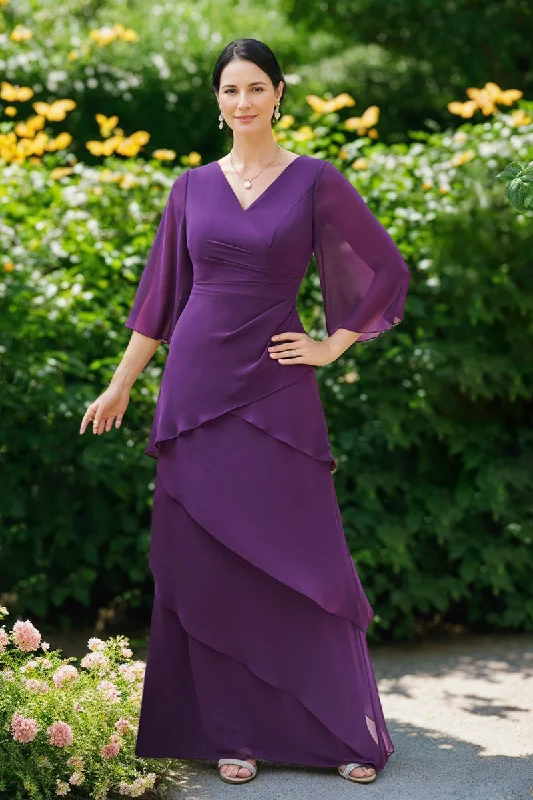 A-Line/Princess V-Neck 3/4 Sleeves Chiffon Mother Of The Bride & Groom Dresses with Ruffles A-Line/Princess V-Neck 3/4 Sleeves Chiffon Mother Of The Bride & Groom Dresses with Ruffles