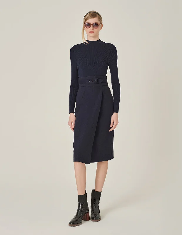 MARYLING Crew-Neck Long Sleeve Patchwork Sheath Slits Midi Knitted Wool Dress