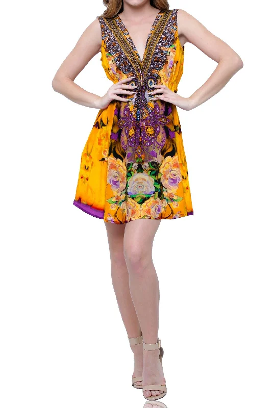 Floral Print Short Yellow Cocktail Dress