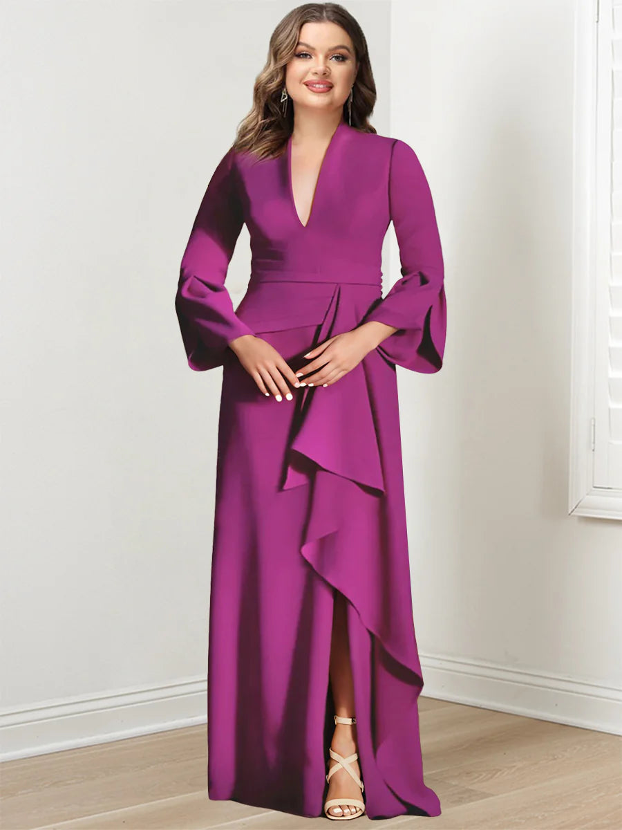 Sheath/Column V-Neck Long Sleeves Floor-Length Plus Size Mother of the Bride Dresses With Split Side Sheath/Column V-Neck Long Sleeves Floor-Length Plus Size Mother of the Bride Dresses With Split Side