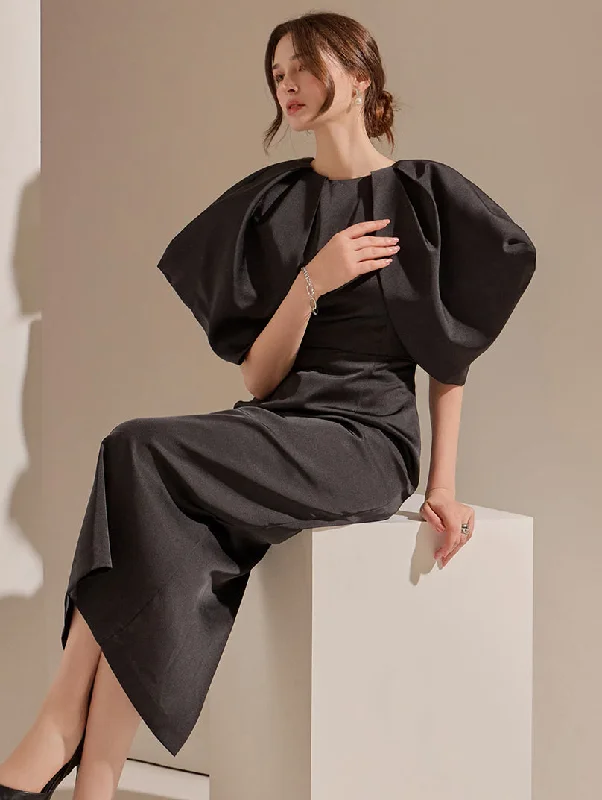 D9411 Satin Pintuck Wing Dress