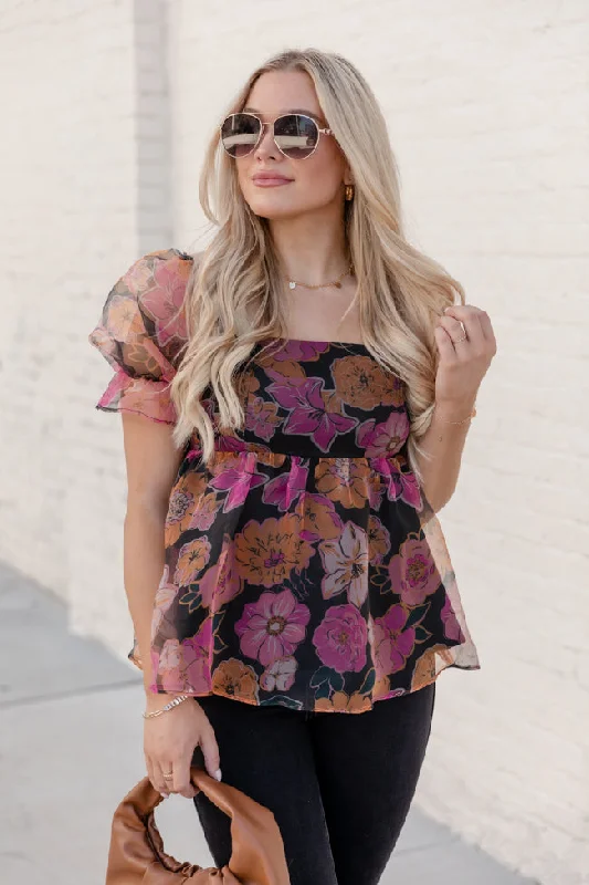 Something Beautiful Black Floral Print Tulle Blouse FINAL SALE Romantic Lace Blouse