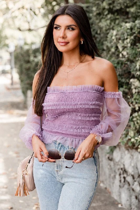 Happy Ever After Dusty Purple Ruffled Tulle Sleeved Blouse FINAL SALE Off-Shoulder Wrap Blouse Happy Ever After Dusty Purple Ruffled Tulle Sleeved Blouse FINAL SALE Off-Shoulder Wrap Blouse