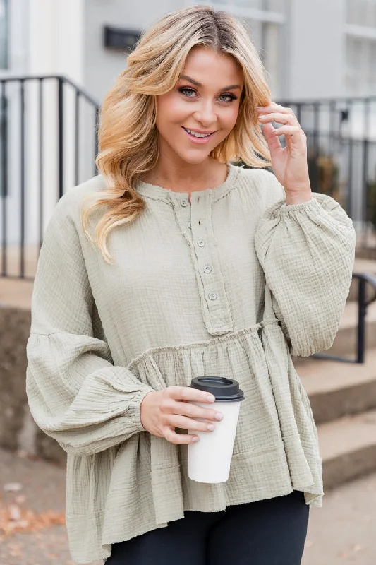 Escaping Reality Olive Oversized Henley Blouse FINAL SALE Loose Oversized Blouse